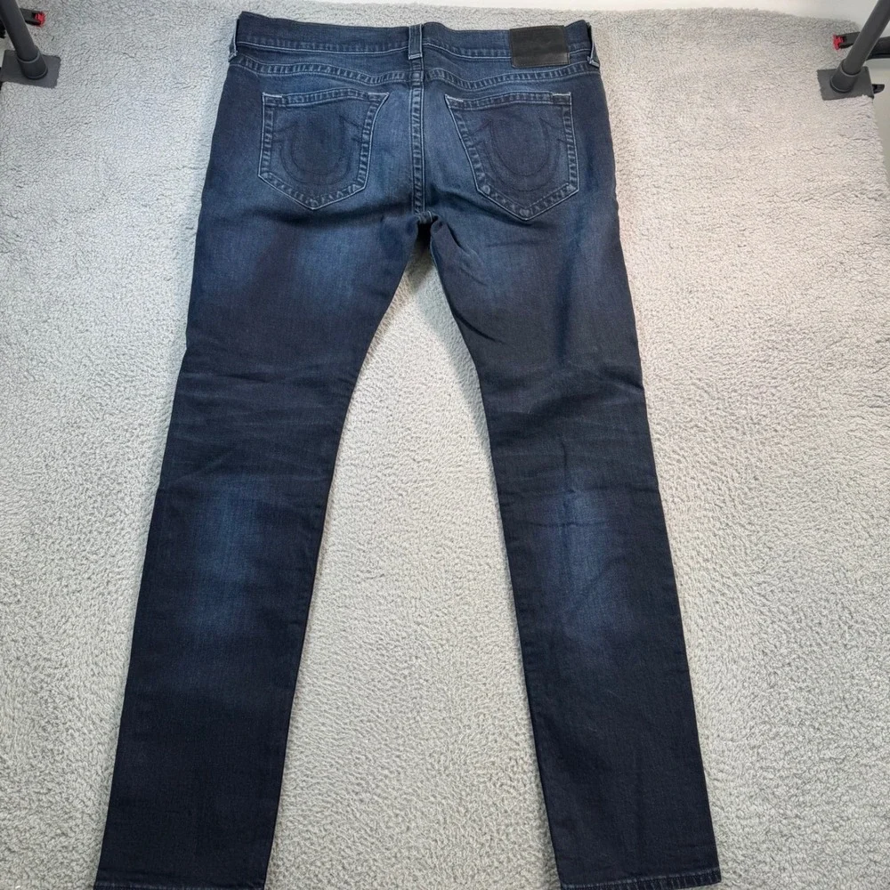 True Religion Rocco Relaxed Skinny Jeans Mens 38 Dark Wash Distressed Denim Blue